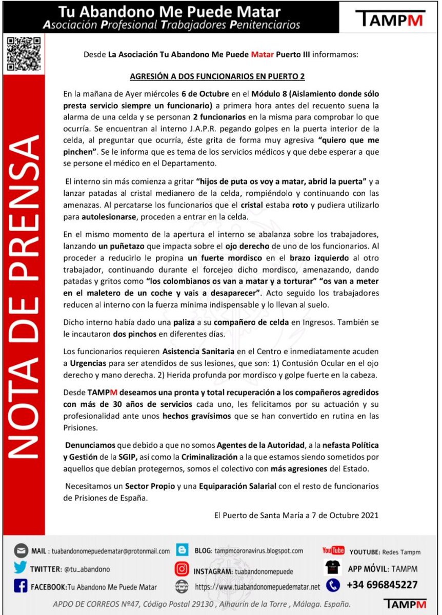 tu_abandono's tweet image. #ULTIMAHORA | AGRESIÓN PUERTO 2

🚨 Interno de Aislamiento Propina PUÑETAZO ojo dcho a 1 f° y a otro FUERTE MORDISCO brazo izq

👉 Los F°s Requieren Asistencia 🏥 en Centro y 🏨

🔥 La @IIPPGob y @interiorgob por la CRIMINALIZACIÓN del Colectivo son RESPONSABLES DIRECTOS

#TAMPM