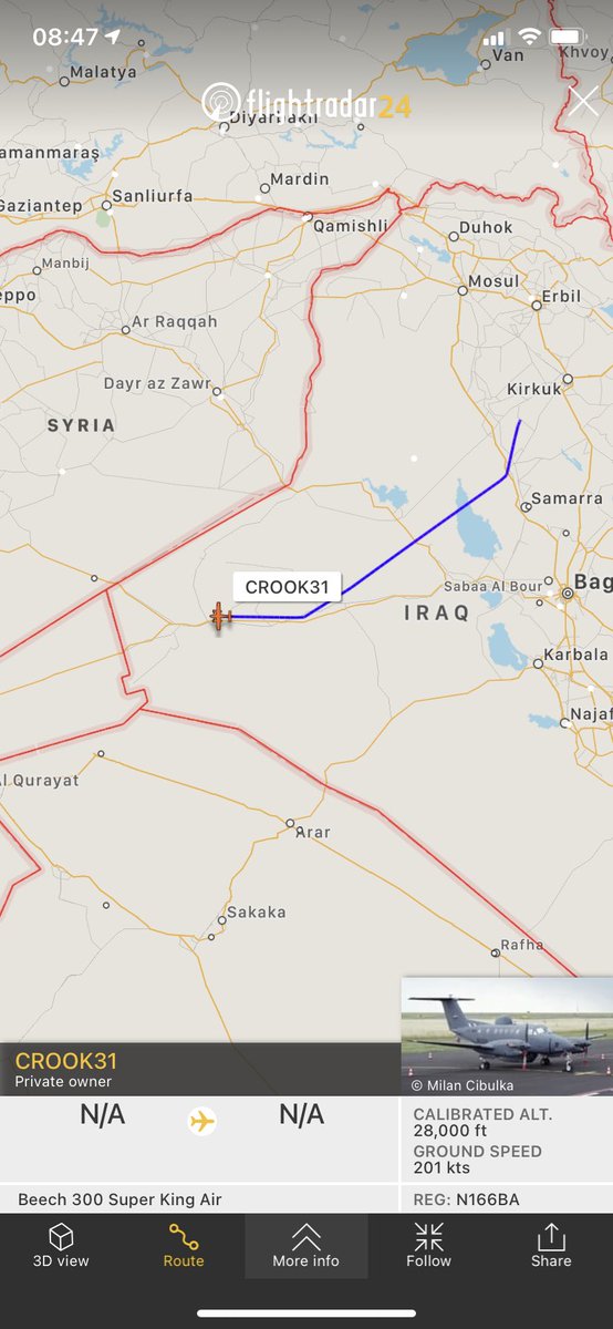 TheSnoopySnoop's tweet photo. #CROOK31 #a10812 #N166BA #Beech300 #SuperKingAir #JSOC
Heading west over #Iraq
U.S. Special Operations Commandโs Tactical Airborne Multi-Sensor Platforms, or STAMP aircraft
#haveglass #planespotting #AvGeek #milair https://t.co/QDlWS6FbDA