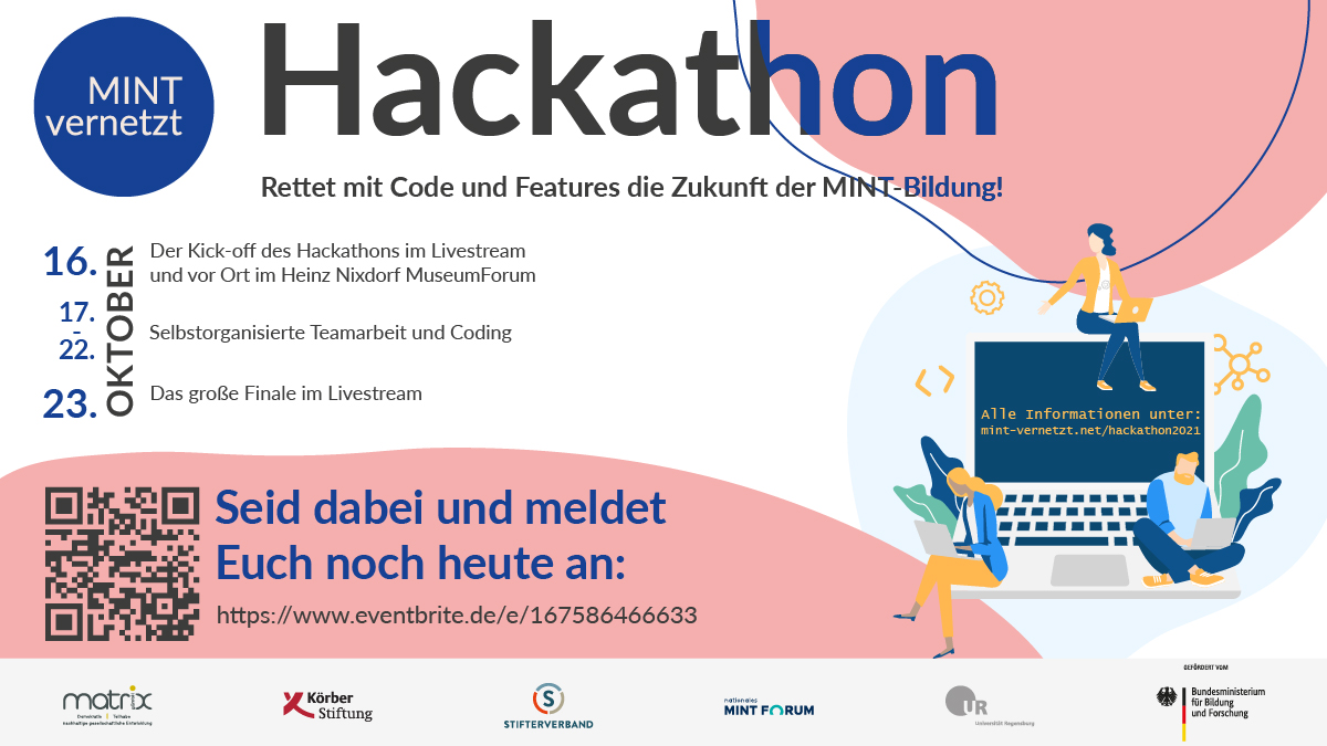 Vom 16. bis 23. Oktober 2021 findet der @mintvernetzt Hackathon statt. Das Ziel ist der Aufbau einer Plattform für die bundesweite #MINTCommunity.

Weitere Informationen und Anmeldung: mint-vernetzt.net/event/hackatho…