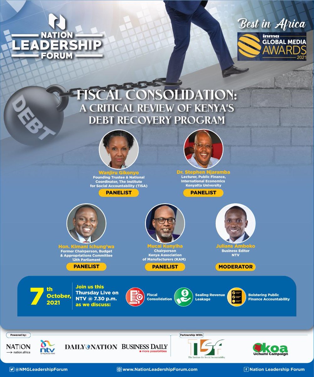 BD_Africa's tweet photo. Join us this Today,7th October for the #NMGLeadershipForum at 7.30 pm only on 
@ntvkenya
 as we tackle Fiscal Consolidation: A critical Reviews of Kenya's Debt Recovery program.
Cc:@TISAKenya @OkoaUchumi_KE https://t.co/tAzPf6UYjt