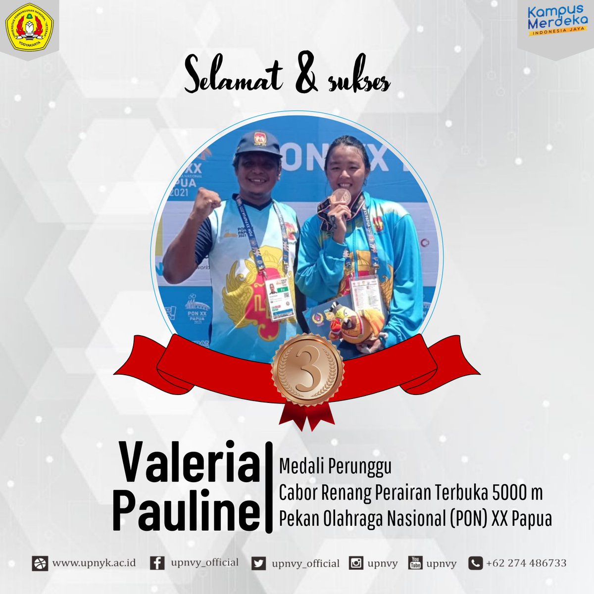 @valpauline_ berhasil menyumbangkan medali perunggu bagi kontingen DIY pada PON XX cabor renang perairan terbuka 5.000 m di Teluk Yos Sudarso, Kota Jayapura Papua, dengan catatan waktu 01.13.21 detik.

Selamat @valpauline_
#upnvybangga