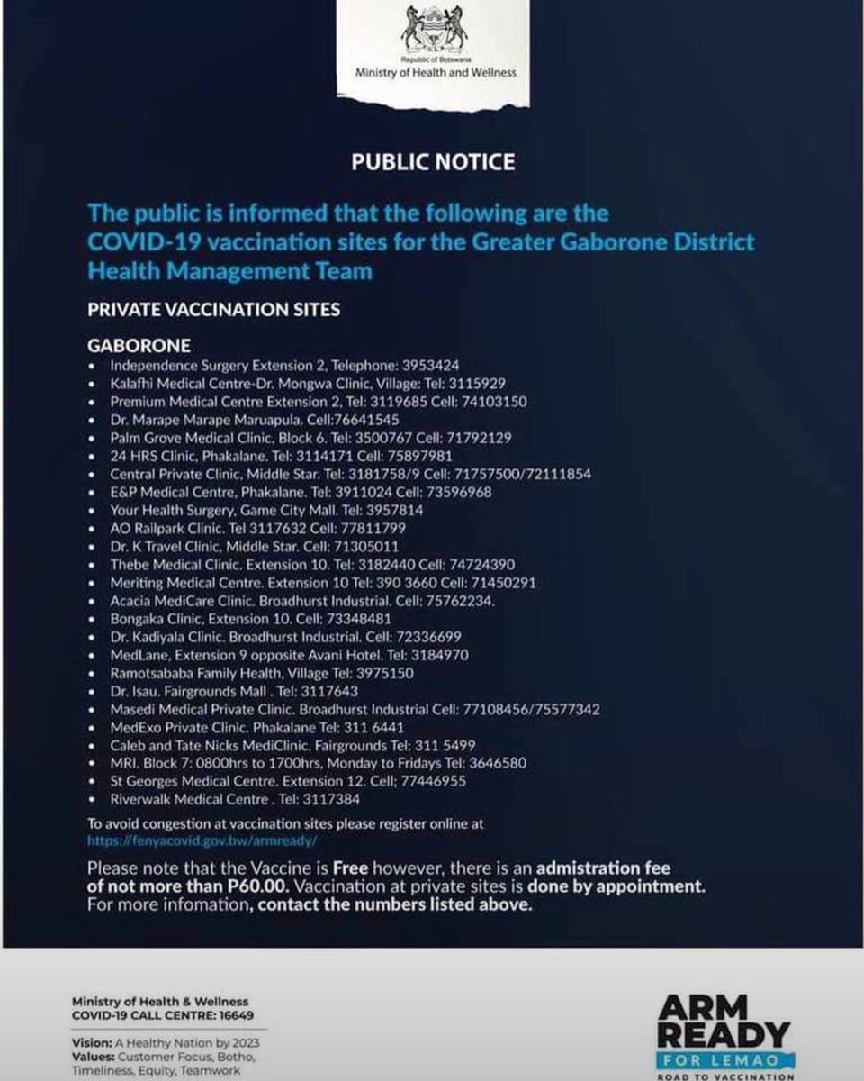 Bomaid_Botswana's tweet photo. Here are locations to Covid-19 vaccination sites around Gaborone. Remember BOMaid will cover the Admin Fee 100%. #armready #vaccinate #covidvacccine #getitdone https://t.co/kInDuWUejt