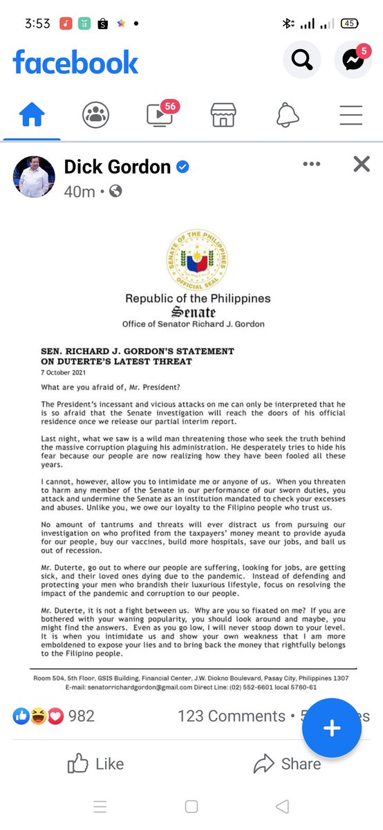 zhaquera's tweet photo. Sen. @DickGordonDG , minsan lng ako ngcomment sa FB page mo, blinocked na agad sa comment section mo. Ano pong trip mo? https://t.co/bWj6qZnn3J
