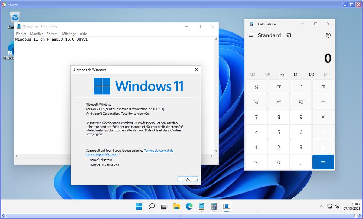 PCTuning_OW's tweet photo. Just tested #Windows11 in #FreeBSD #BHYVE. Seems to run, without stupid requirements:
•TPM 2.0
• Secure Boot
• RAM ≥ 4GB https://t.co/DOtYA120WS