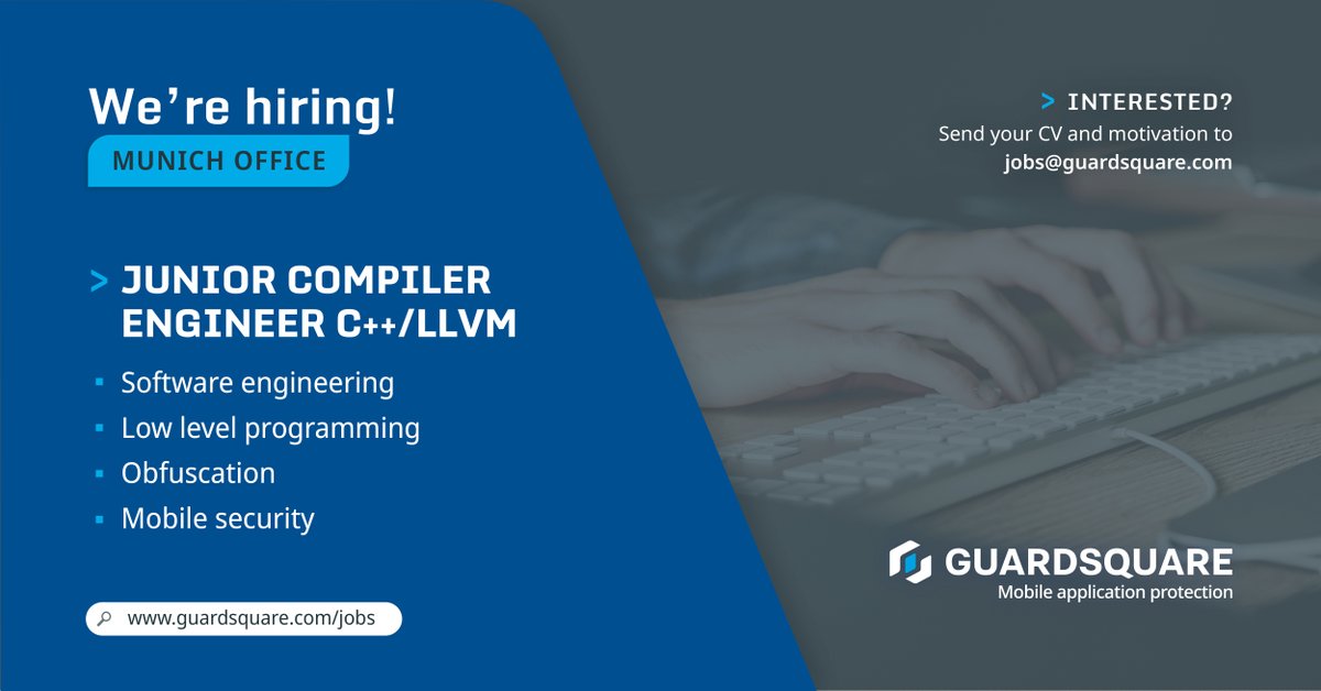 Guardsquare's tweet photo. Guardsquare is looking for a Junior Compiler Engineer C++/LLVM to join the team in Munich! Have a look at the job description here:
https://t.co/xyOYapxCjs
#hiring #jobs https://t.co/ugpzDuHudn
