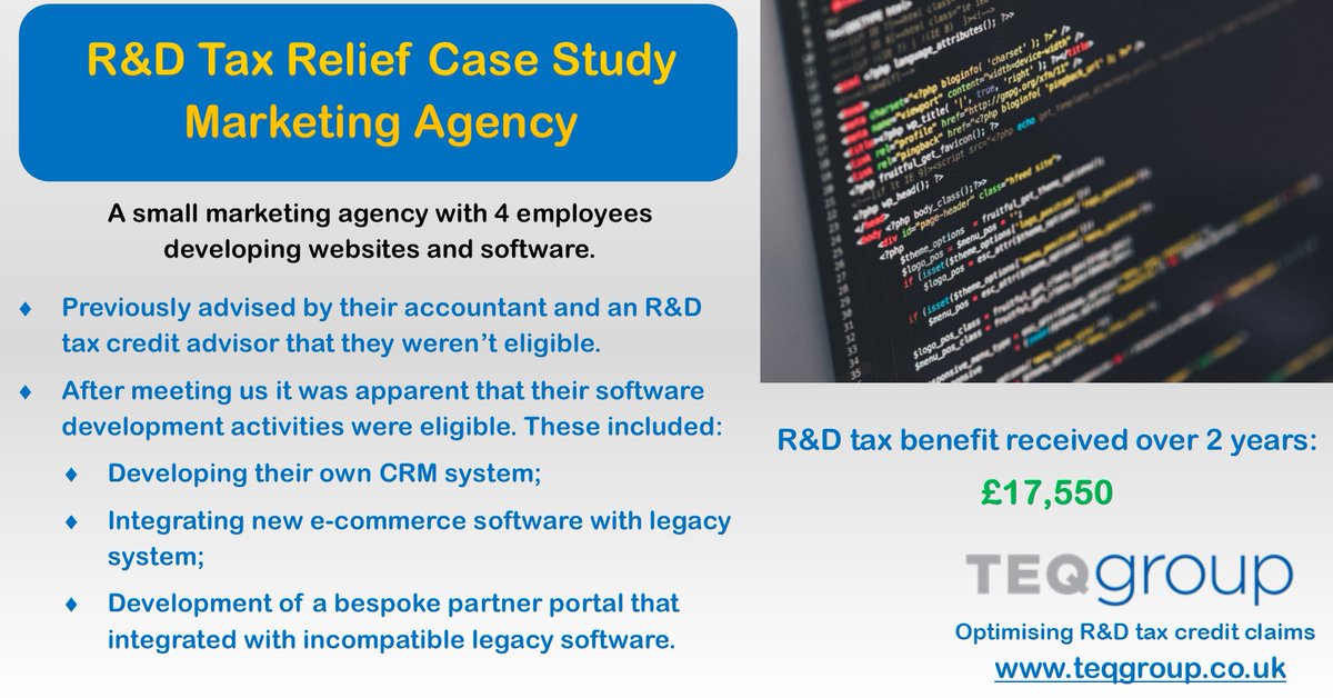 TEQGroupUK's tweet photo. Eligibility for R&amp;D tax credits is hard to understand, be like this marketing agency and seek advice from us as we find eligibility where others don’t and maximise claims. #RandD #tax https://t.co/PhGl80F1QK https://t.co/DEhW4MnorZ