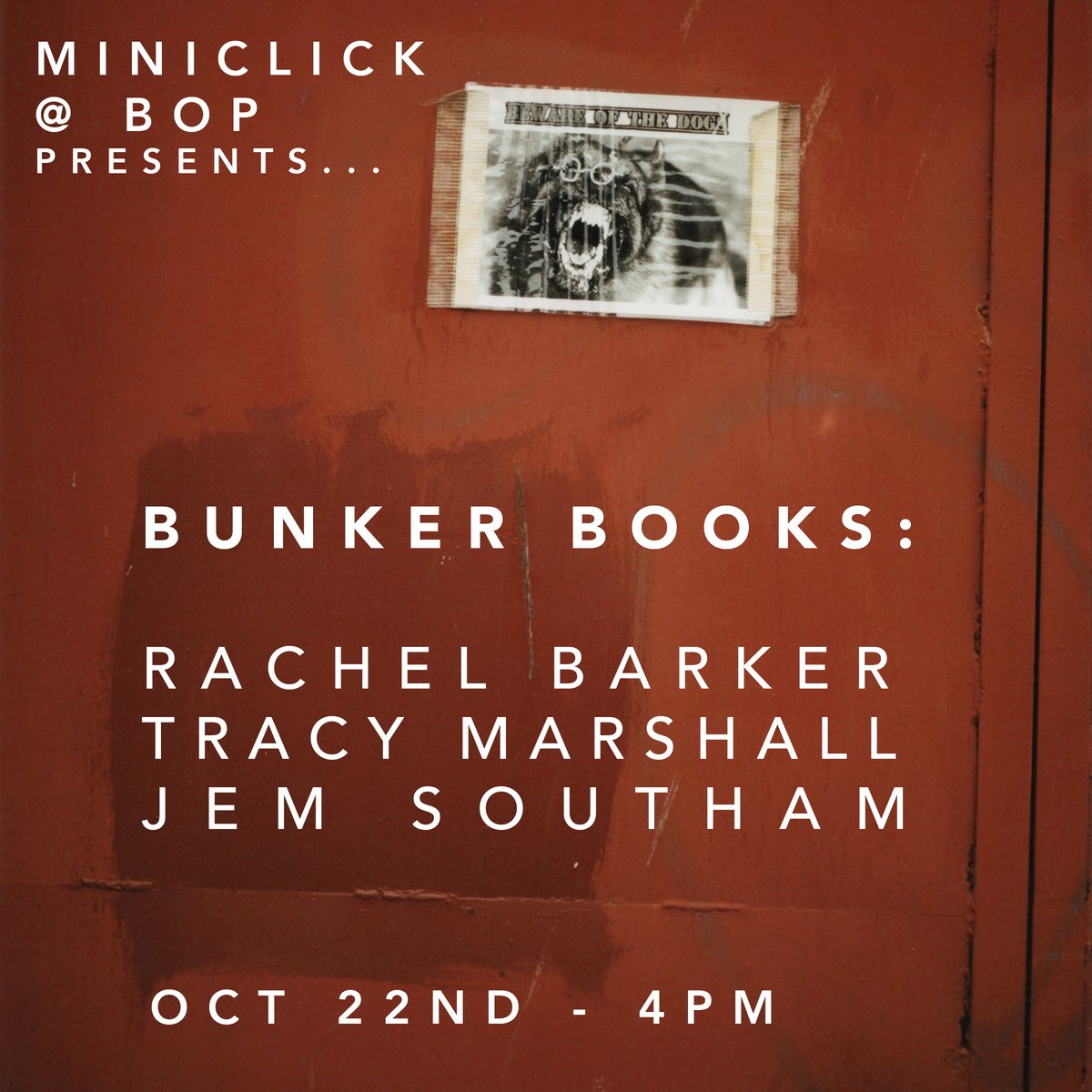 Miniclick x BOP present: Bunker Books.
Rachel Barker, Tracy Marshall &amp; Jem Southam share the three books they would save come the apocolypse!
4pm, 22nd October at the RPS, Bristol.
Register for free tickets: rps.org/bunker
