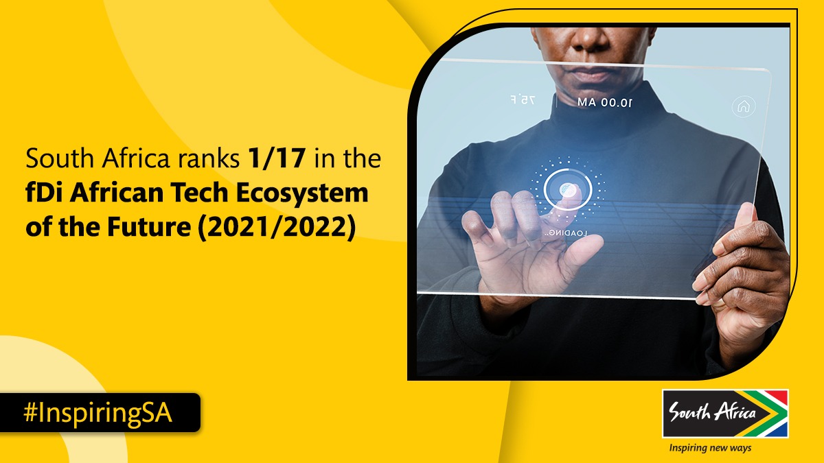 Brand_SA's tweet photo. South Africa tops the inaugural fDi Africa Tech Ecosystems of the Future ranking, achieving not only first place overall, but first place for Economic Potential, Start-Up Status and Business Friendliness. #CompetitiveSA #InspiringSA https://t.co/GrX1g1DJz6