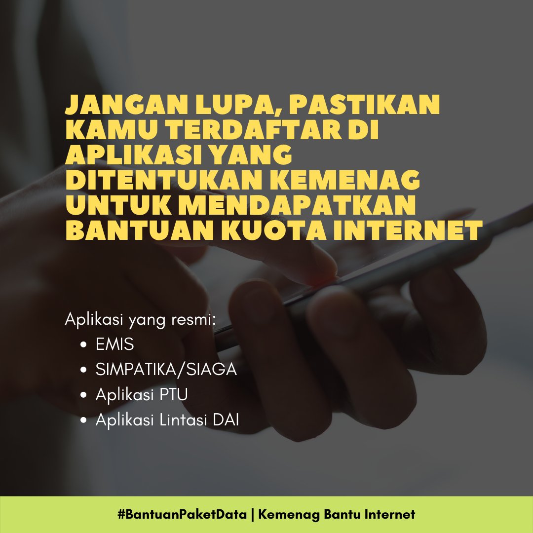PopyWulanda's tweet photo. Jangan Lupa, Pastikan Kamu Terdaftar di Aplikasi yang Ditentukan Kemenag untuk mendapatkan Bantuan Kuota Internet

Aplikasi yang resmi:
EMIS
SIMPATIKA/SIAGA
Aplikasi PTU
Aplikasi Lintasi DAI

#BantuanPaketData | Kemenag Bantu Internet https://t.co/QyVD04BgVt