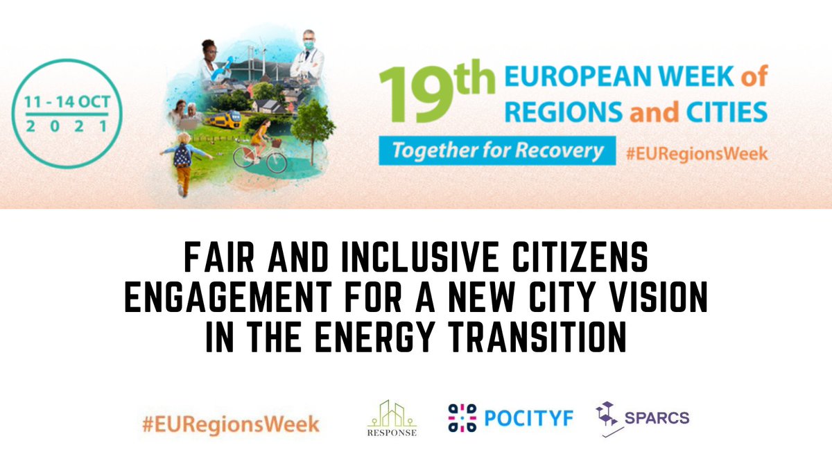 📅 13 October
<a href="/h2020response/">RESPONSE</a> , <a href="/pocityf/">POCITYF</a> , and #SPARCS come together during #EURegionsWeek to discuss 👇

🟣 Tools and methods for citizen engagement, and 
🟣 Participation in building #sustainable cities.

Register now to learn insights from 23 cities 👉 bit.ly/3miSOPy
