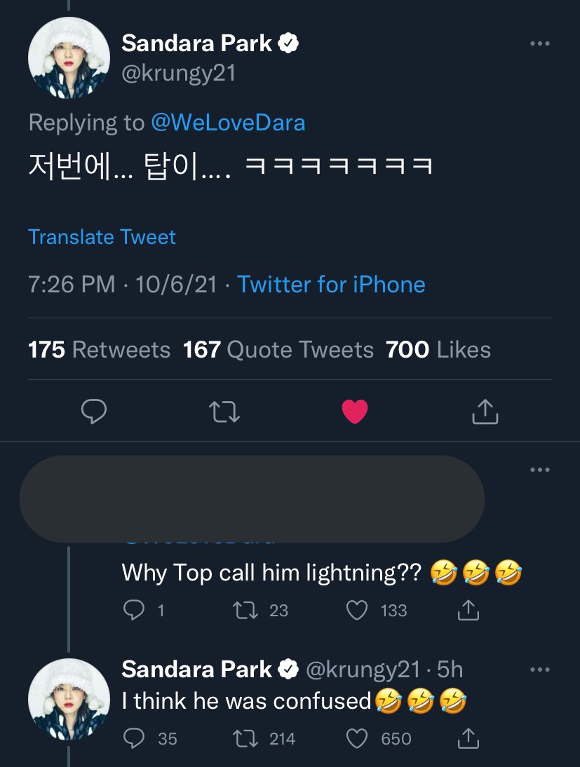 jekkibby2's tweet photo. Dara wishing her brother Thunder a happy birthday and one of her hashtags is “not lightning but thunder” 

fan: who called him lightning?

Dara: it was T.O.P

fan: why did T.O.P call him lightning? 

Dara: I think he was confused 🤣 https://t.co/emHSqjFib8