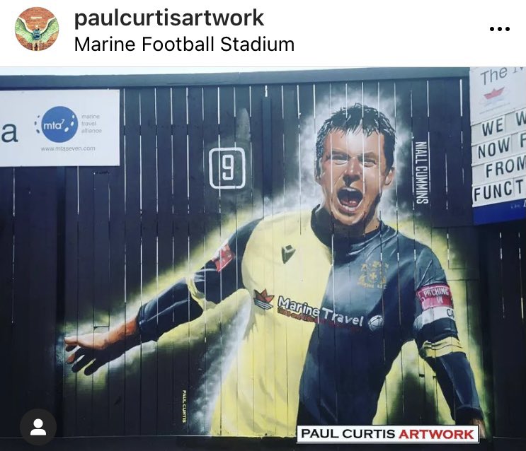 What a feeling to see my photo of @MarineAFC captain, Niall Cummins, celebrating his heroic last gasp goal against @HWFCOfficial in last years @EmiratesFACup painted by the talented @paulcurtisart outside the Marine Travel Arena 👏👏👏 @ProSportsImages #nonleaguefootball #facup