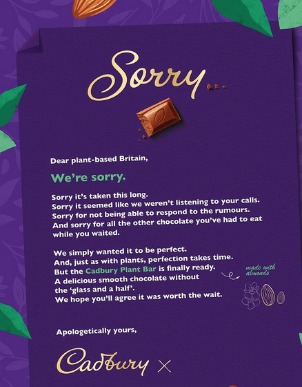 ReasonWhy's tweet photo. Cadbury lanza un nuevo chocolate vegano, pero ha reconocido que se ha quedado atrás frente a sus competidores al no haberlo hecho antes. 
La marca ha pedido perdón: "La perfección lleva su tiempo. Ojalá la espera haya valido la pena". || Más info 👉🏽 https://t.co/88sxukeiir https://t.co/KmFwoZGjvL