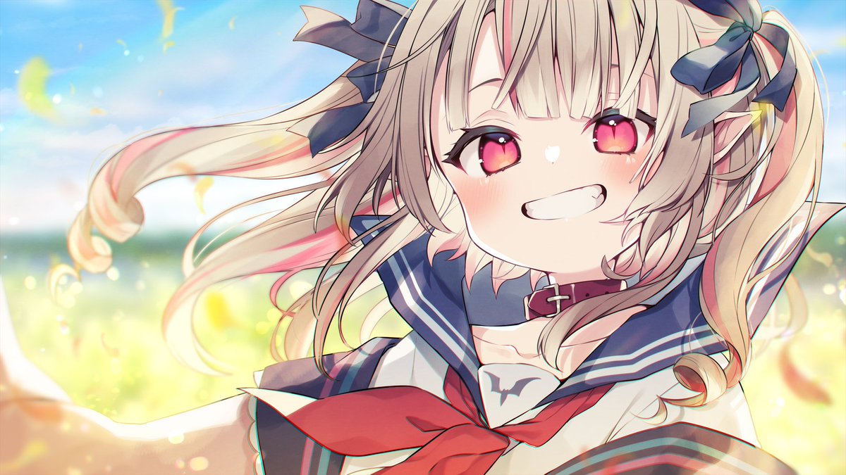 makaino ririmu 1girl solo smile pointy ears sailor collar red eyes red collar  illustration images