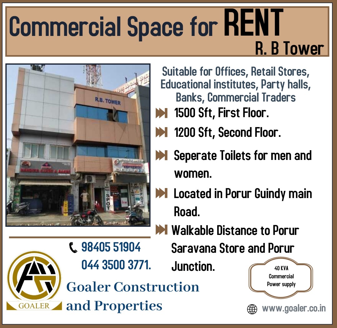 GoalerConstruct's tweet photo. Commercial space is available for rent which is located at porur Guindy main road, first and second floor are available. #CommercialSpace #commercialrealestate #CommercialSpaceForRent #commercialshops https://t.co/TvOS7yvwKC