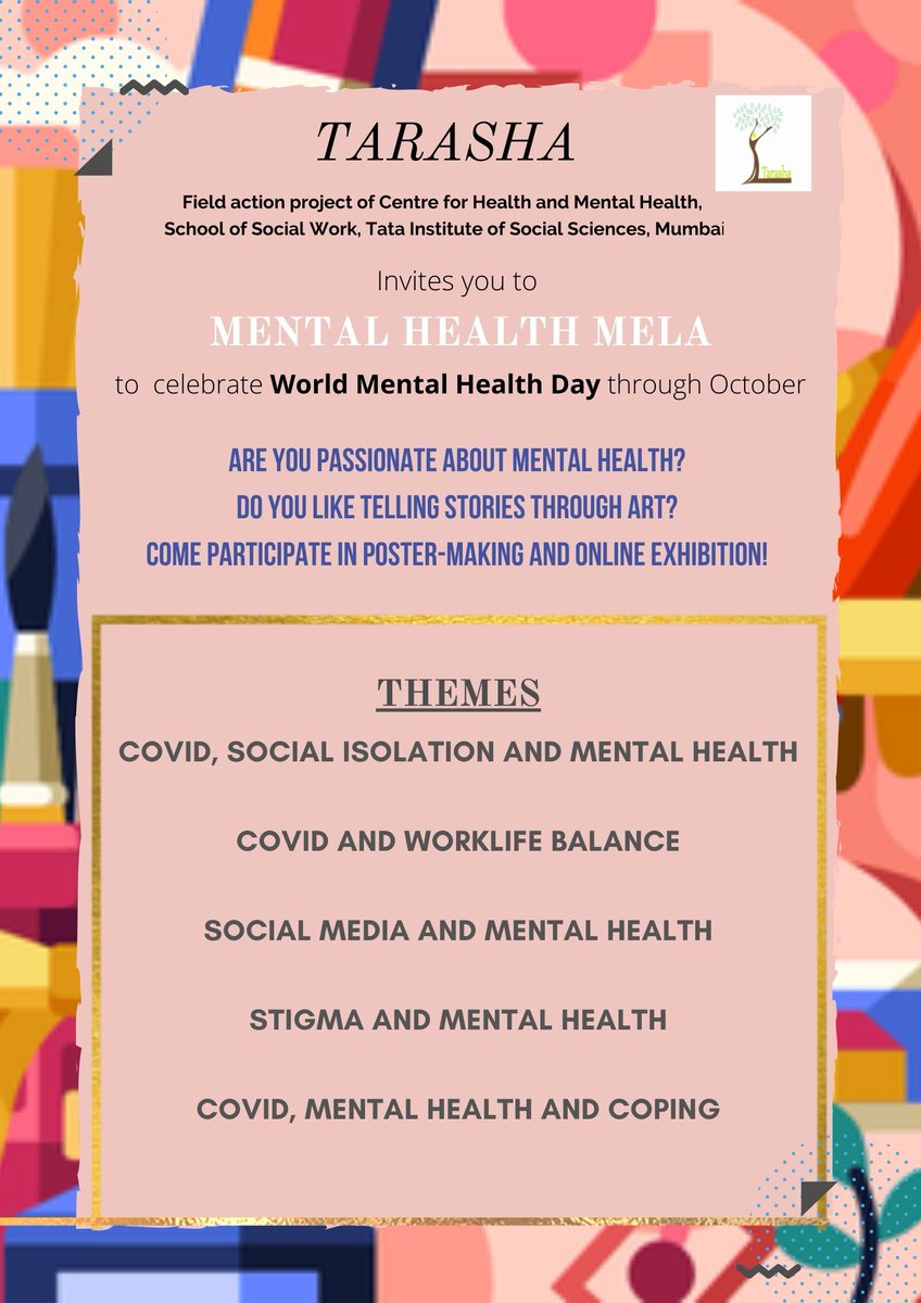 Tarasha is organising an online poster exhibition to celebrate #worldmentalhealthday2021 through October. We are inviting submissions of posters/artworks which will displayed on a portal soon. Stay tuned! For submissions, click here: forms.gle/d4izNUFAoXCrgP…
#WMHD21