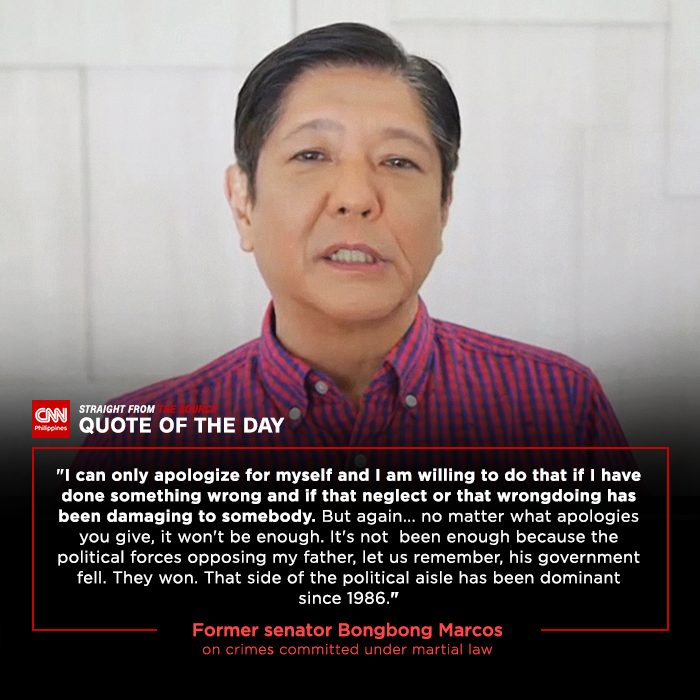 newswatchplusph's tweet photo. #TheSource: Former senator and now presidential aspirant Bongbong Marcos is not sorry for the crimes committed under the presidency of his father and namesake, the late dictator Ferdinand Marcos.

Read more: https://t.co/XZBe1av98Y

@iampinkywebb https://t.co/Y4IR4JaJfn