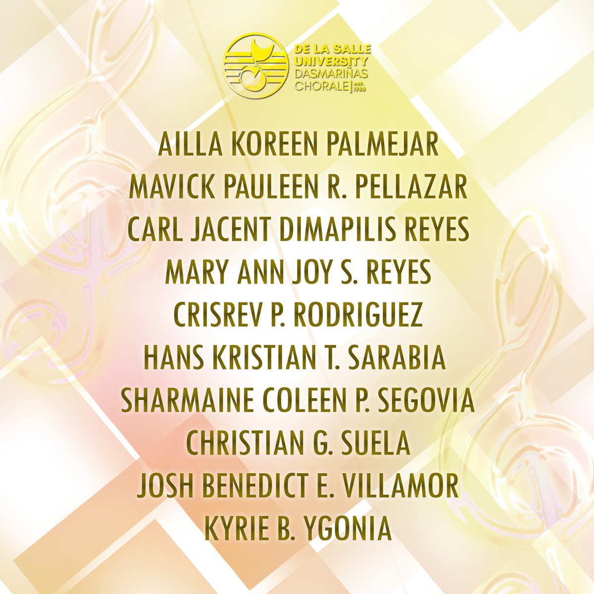 dlsud_chorale's tweet photo. Congratulations to the following for passing the auditions!

We welcome you to the De La Salle University - Dasmariñas Chorale as our Official Trainees.

May you all shine bright✨ and continue to sing with us.

#Trainees
#Batch27
#DLSUDChorale https://t.co/0XGOS5cYQc