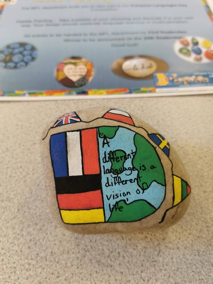 SJN_MFL's tweet photo. We had some amazing entries to our pebble decorating house competition for the European Day of Languages this year . Winner = Miley Plant Y7 Eccles . https://t.co/KxFTG86ihf