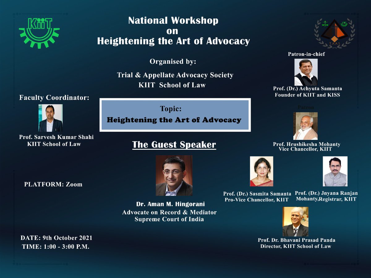 KiitLaw's tweet photo. Trial &amp; Appellate Advocacy Society of #KIITLaw is organizing a Workshop on "Heighten Art of Advocacy" 
The Trial &amp; Appellate Advocacy Society (TAAS) is an organization that encourages law students to learn trial advocacy skills and equip them to pursue careers as trial lawyers. https://t.co/MjltaGbNvY