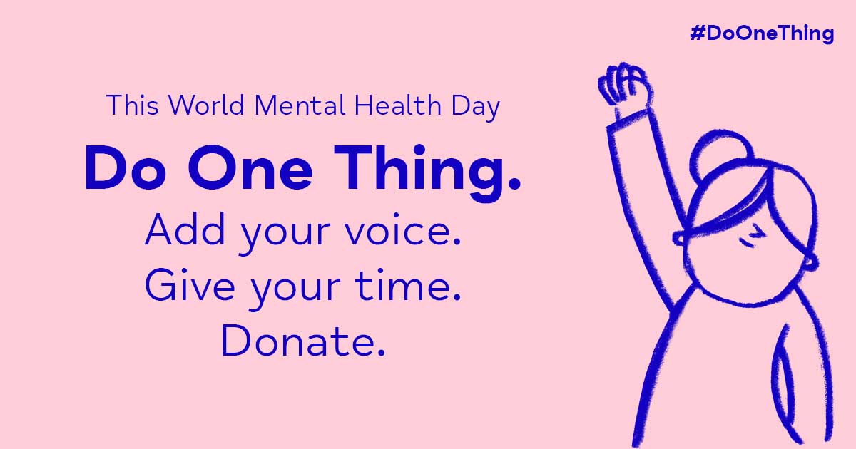 #WorldMentalHealthDay is this Sunday, and we're asking you to #DoOneThing

Here are some ideas:

1) Share our posts to help us reach more people.
2) Become a campaigner.
3) Donate and help us continue this vital work.

More ways to get involved &gt; bit.ly/3unU47W