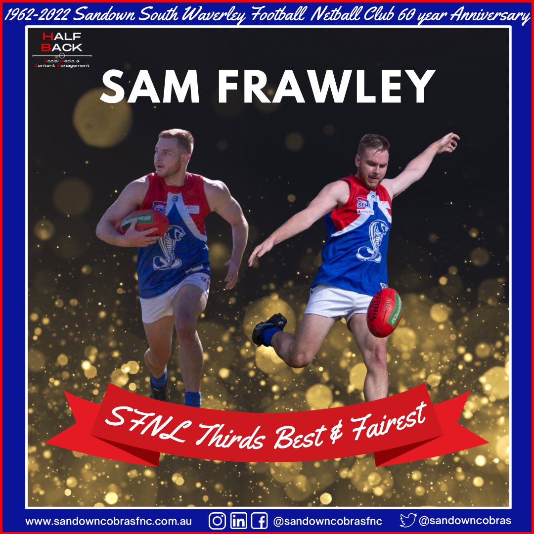 The Sandown Cobras FNC would like to congratulate our very own Sam Frawley on tonight taking home the Southern Football Netball League thirds league best &amp; fairest with 18 votes. A fantastic reward for a fantastic season.