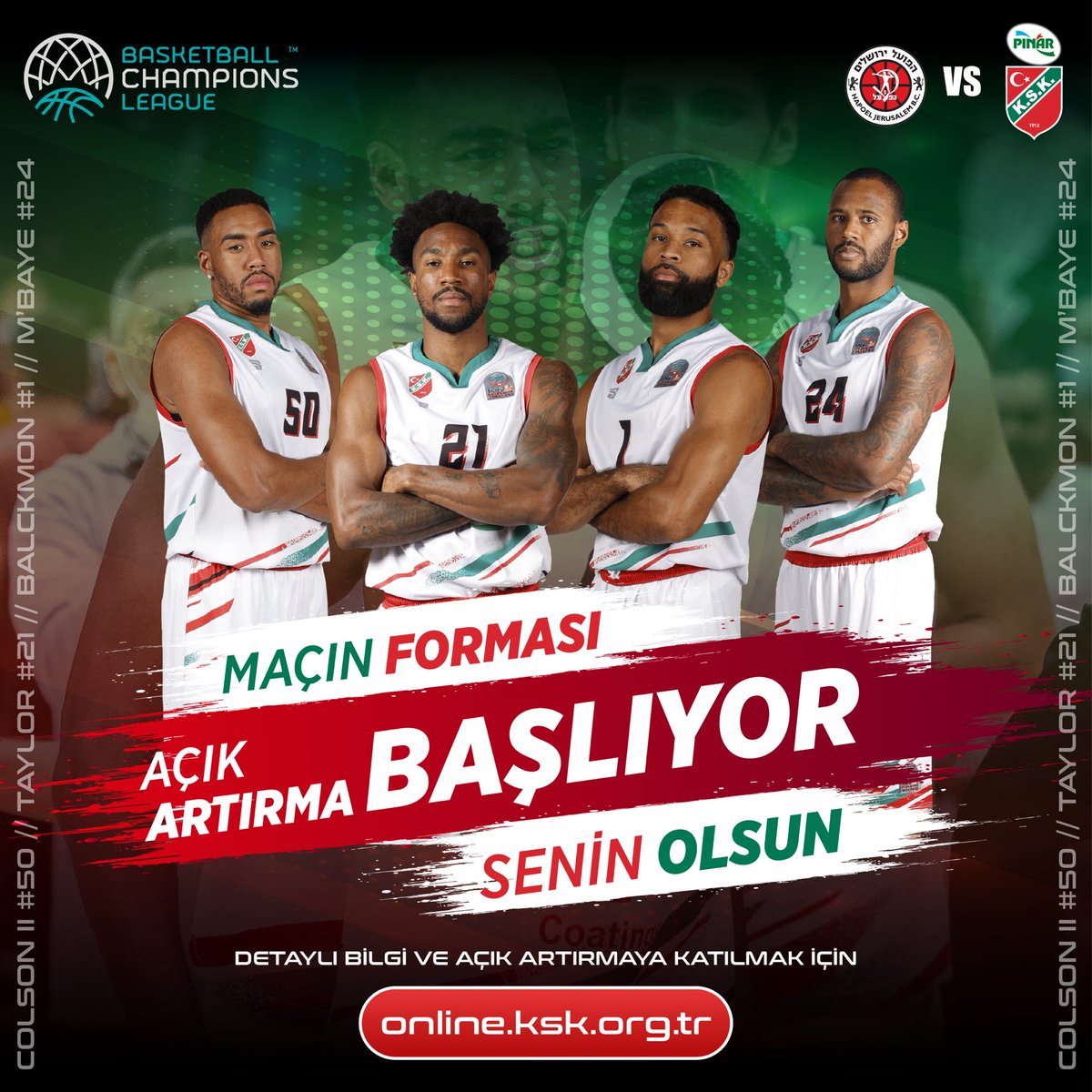 Pınar Karşıyaka’mızın 2021/22 sezonu maçlarında giyeceği formaları satışa çıkıyor ve ilk açık artırma bugün, Bonzie Colson, Tony Taylor, James Blackmon ve Amath M’baye’nin Hapoel Jerusalem maçında giydiği formalarla başlıyor.

Detaylı bilgi için: online.ksk.org.tr