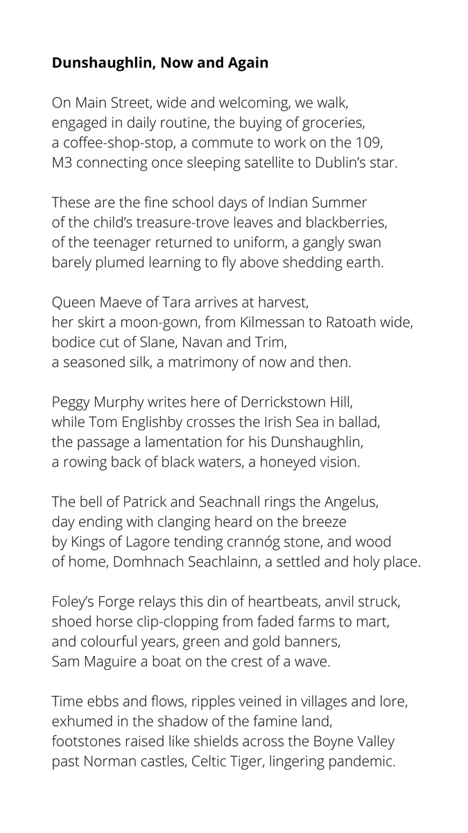 'Time ebbs and flows, ripples veined in villages and lore,
exhumed in the shadow of the famine land, [...]'

You can read #PoetryTown Poet Laureate’s <a href="/FayOrla/">Orla Fay</a> 
specially written poem for Dunshaughlin here. ed.gr/dn0rx <a href="/meathcoco/">Meath County Council</a>