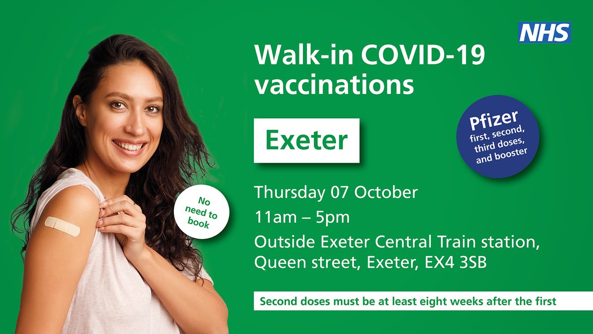 RoyalDevonNHS's tweet image. A walk-in COVID-19 vaccination centre is available outside Exeter Central Train Station today, 11am - 5pm.

There's no need to book - just come along.