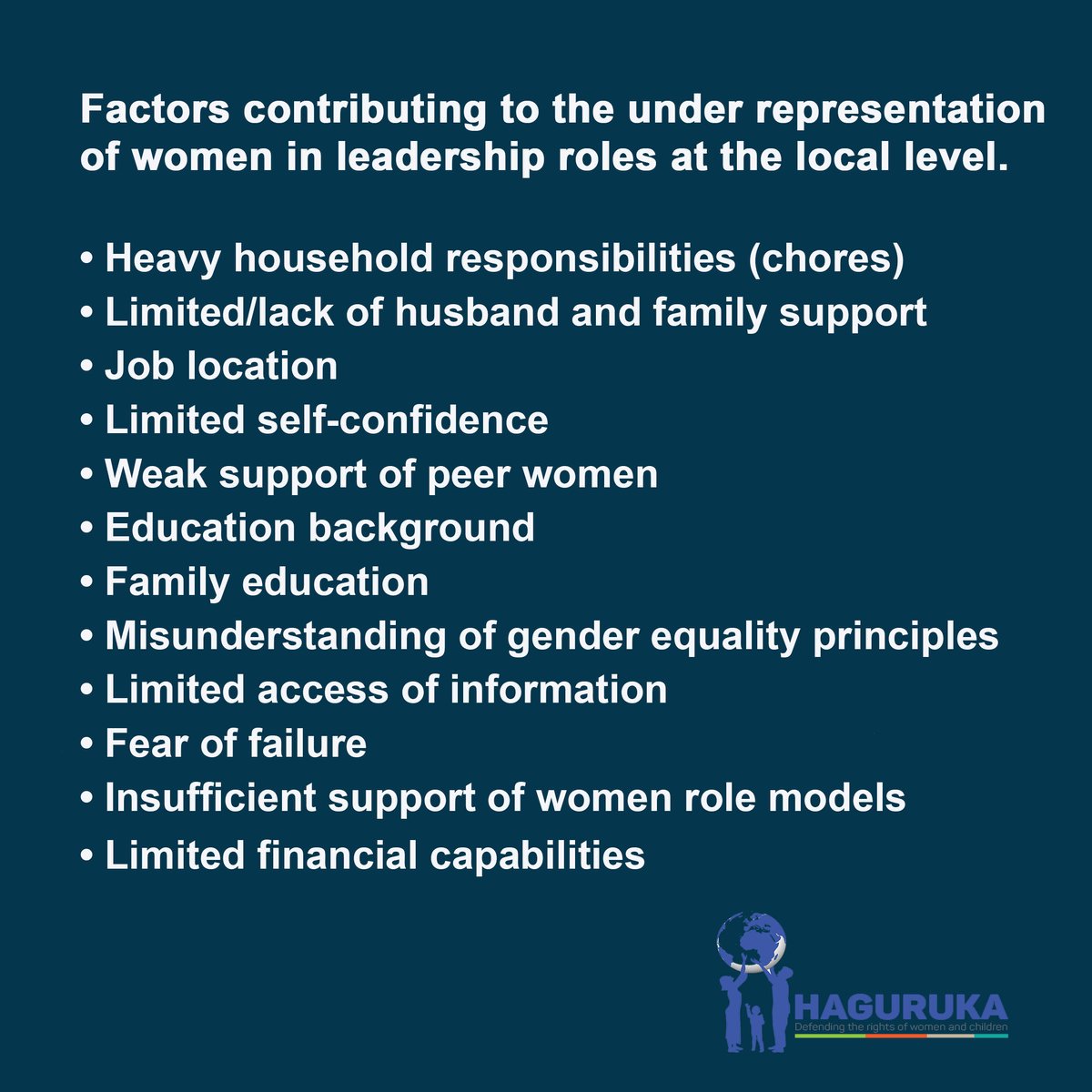 To spark the conversation, key findings from the research conducted by Haguruka & @trocaire on factors leading to under-representation of women in decision-making positions at the local level were shared as follows: 

#WomeninDecisionMaking