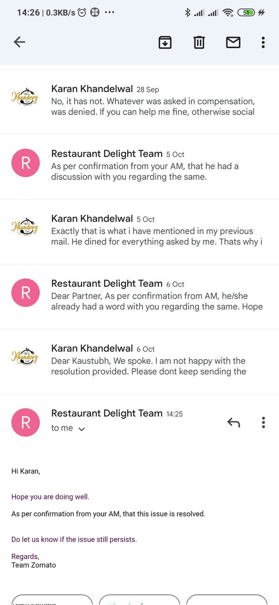 karan0312's tweet photo. @zomatocare Receiving same mails again and again even when i have mentioned that the issue is not resolved. Its really very irritating @zomatocare @deepigoyal @forum_consumer https://t.co/09SQGim0KT