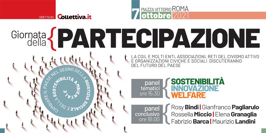 A Piazza Vittorio, dalle 15.30
#Cgil e associazioni parlano di:
#sostenibilità
#innovazione
#welfare

#MaurizioLandini
<a href="/RosyBindi/">Rosy Bindi</a>
<a href="/cgilnazionale/">CGIL Nazionale</a>
<a href="/DD_Forum/">Forum Disuguaglianze Diversità</a>
<a href="/CRiformaStato/">CentroRiformaStato</a>
<a href="/Sbilanciamoci/">Sbilanciamoci</a>
<a href="/Legambiente/">Legambiente</a>
<a href="/Greenpeace_ITA/">Greenpeace Italia</a>
<a href="/Kyoto_Club/">Kyoto Club</a>
<a href="/WWFitalia/">wwfitalia</a>
<a href="/fffitalia/">Fridays For Future Italia</a>
<a href="/Anpinazionale/">A.N.P.I. Nazionale</a>
<a href="/emergency_ong/">EMERGENCY</a>