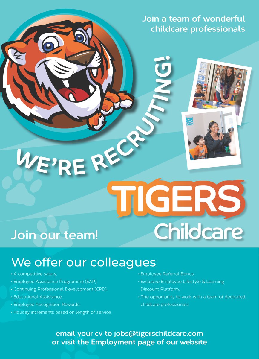 We are hiring! We are looking for early years educators to join our growing teams throughout Dublin! Apply by sending your CV to jobs@tigerschildcare.com