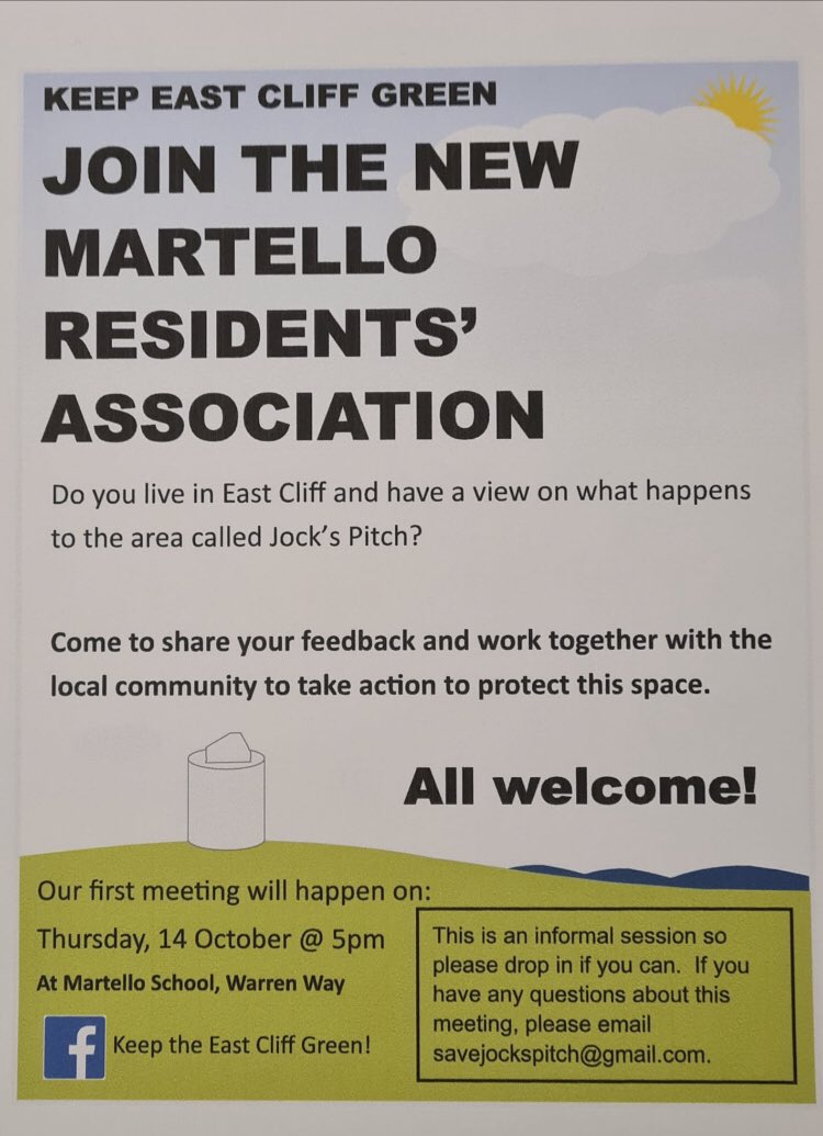 SaveJocksPitch's tweet image. If you live around Folkestone’s East Cliff area - join the new Martello Residents’ Association. First meeting @martelloprimary Thurs 14 October 5pm #saveJocksPitch #environment #heritage