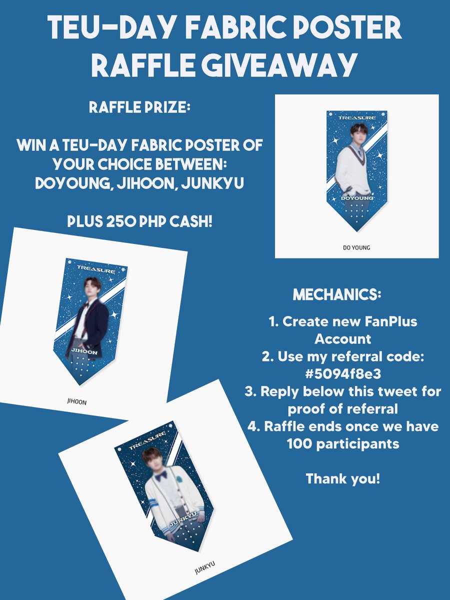 berrydobby's tweet photo. Teumes! [ HELP RETWEET ] 

Teu-day Fabric Poster giveaway! (for the FanPlus App)

➡️ Create a new FanPlus account, use my referral code #5094f8e3 (user name: xjiruu) and get a chance to win a Teu-day Fabric Poster! More details below. 👇 @treasuremembers https://t.co/gs9BrQNe7A