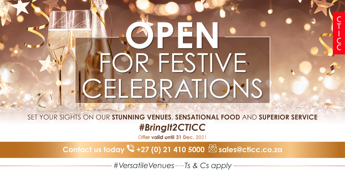 CTICC_Official's tweet photo. Host your event in style with our Gold or Platinum festive packages. Each option comes with a set menu, décor and AV.
To book your event, contact us on +27 (0) 21 410 5000 or at sales@cticc.co.za. For more info, head to https://t.co/a2NqyZQ10j
#BringIt2CTICC #VersatileVenues https://t.co/NATIHuQMaf