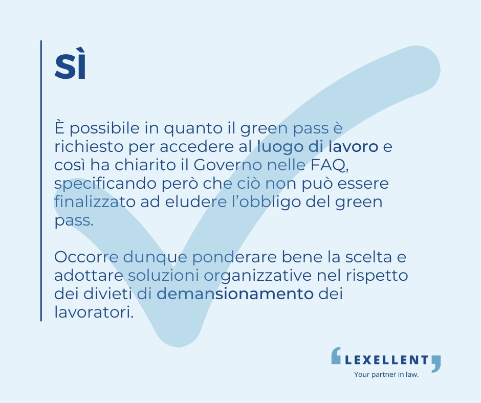 #GreenPassFAQ | È possibile adibire a diversa mansione un #dipendente, privo di #greenPass, che normalmente svolge compiti che richiedono la presenza in #azienda? 

#Lavoro #SicurezzaSulLavoro#Imprese #Lavoratori #DatoriDiLavoro #Sicurezza #Salute #LuoghiDiLavoro #HR