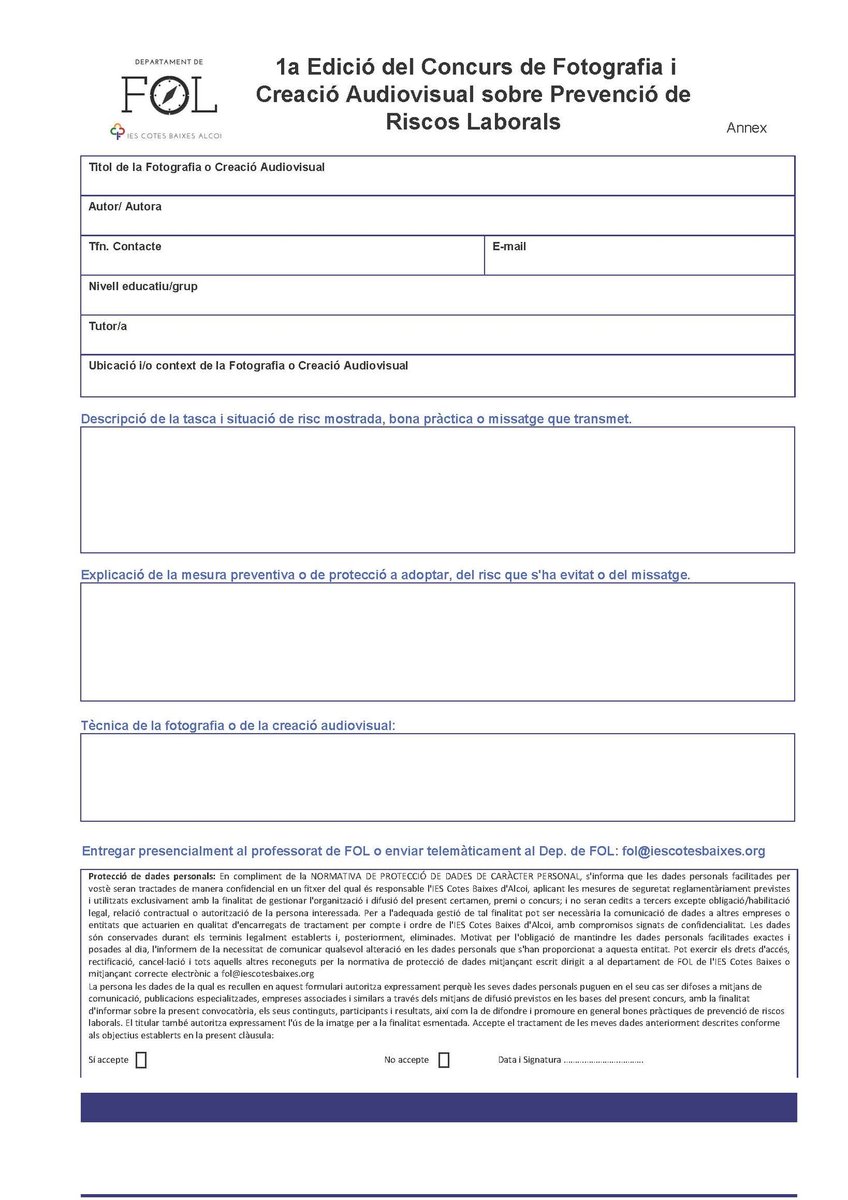 📢El dp de FOL hem organitzat un Concurs de Fotografia i Creació Audiovisual sobre PRL👷🧯🪚🆘
✏️Finalitza el 17 de desembre.
Anima't i participa!!!!💸🥇🥈🥉
"La vida està plena de poques coses que importen molt i moltes coses que imporen poc.Treballa amb seguretat!"❤️😀