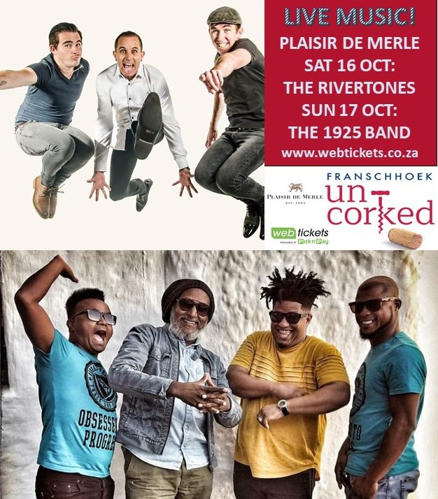 Have you booked for Franschhoek Uncorked? Fab wines, great grub &amp; lekker live music to enjoy. Check out The Rivertones &amp; 1925 Band at <a href="/PlaisirEstate/">Plaisir</a> &amp; go to franschhoekuncorked.co.za to see what happening at the other wine farms for the rest of that weekend!  Book at <a href="/webticketsSA/">webtickets.co.za</a>