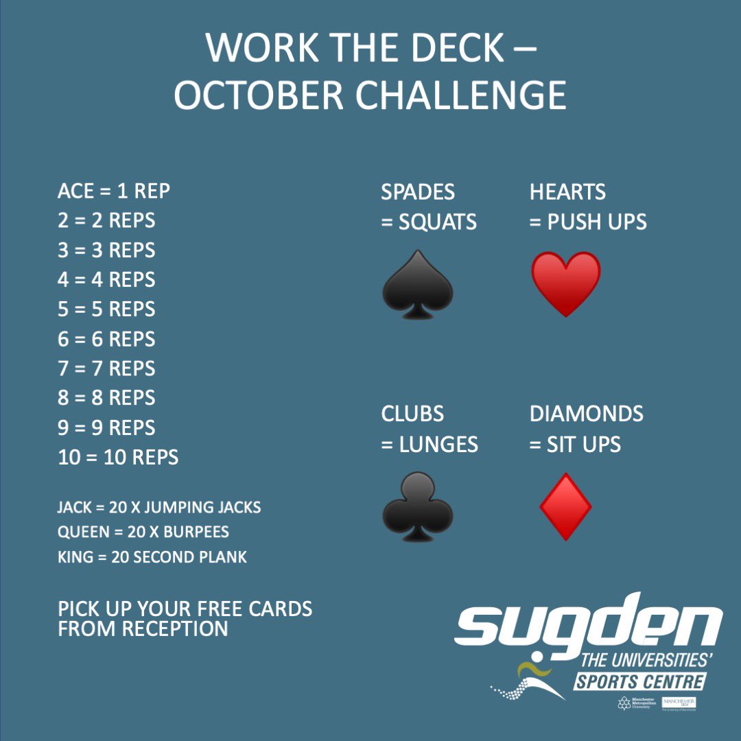 BetterSugden's tweet photo. WORK THE DECK CHALLENGE - OCTOBER 

1. Shuffle the cards
2. Set timer 
3. Pick a card from the top of the deck
4. Complete task eg 10 ❤️ = 10 push ups
5. Select another card
6. Complete the whole deck
7. Stop the timer https://t.co/d1gZ8aiaeL