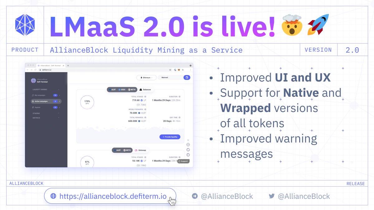 Nexera_Official's tweet photo. We’re proud to announce that #LiquidityMining as a Service V2 is out after a successful beta period. 

Aside from an improved UI/UX, it includes support for native/wrapped tokens and an improved pool view to prevent gas overspend!

Check it here: https://t.co/By4Pa21cm1

$ALBT https://t.co/82LvnN4l35