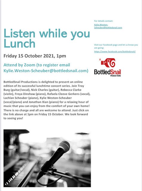 jenninmelbourne's tweet photo. Listen while you lunch! @BottledSnailAU event organised by Kylie Weston-Scheuber on Friday 15 October at 1pm on Zoom. Come along! #lawyers #music https://t.co/sfp1O6pXou