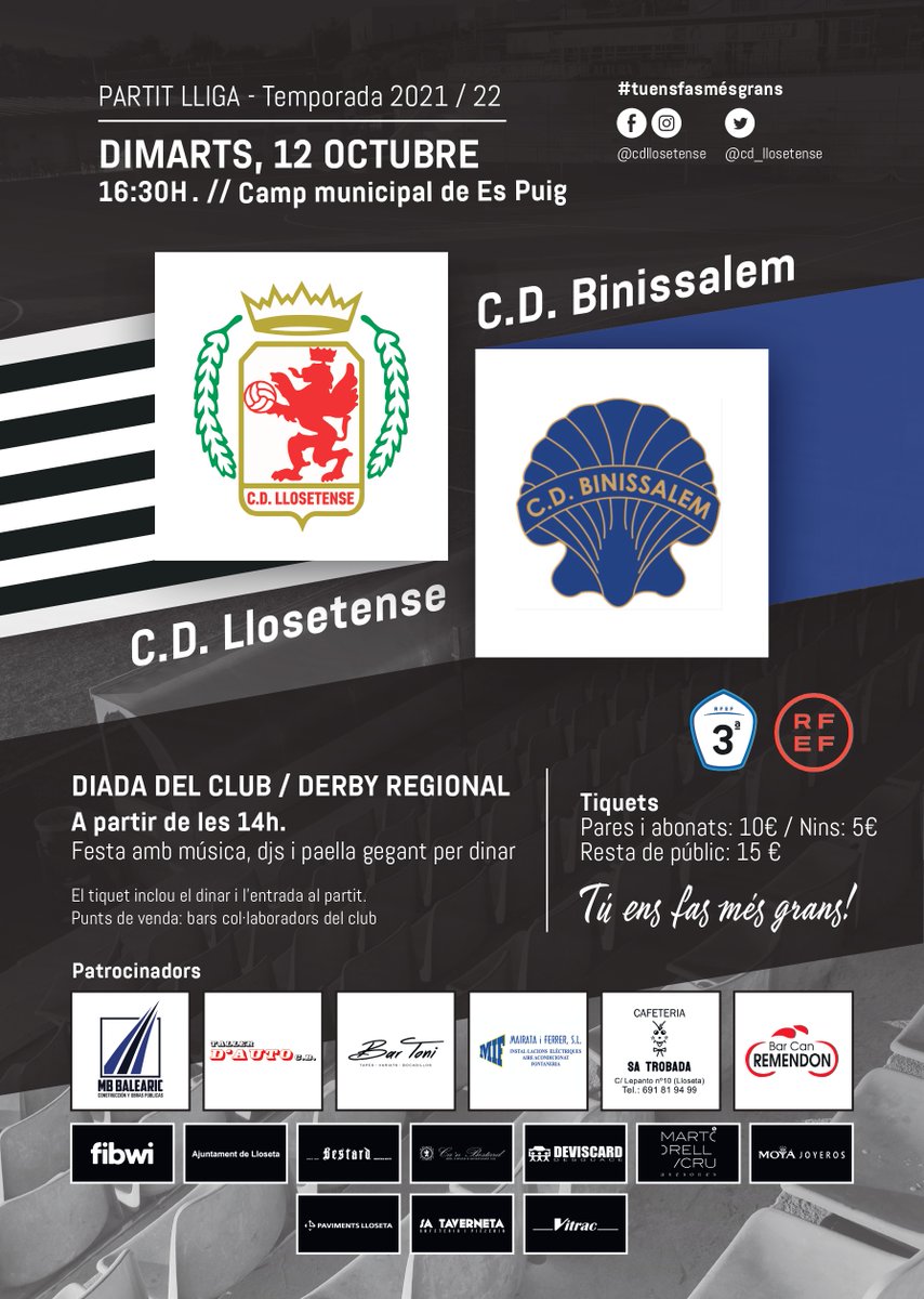 Dimarts tenim festa grossa. Celebram el 𝑫𝒊𝒂 𝒅𝒆𝒍 𝑪𝒍𝒖𝒃 coincidint amb el derby regional contra el Binissalem. Tendrem música, jocs per als petits, música, molt ambient i una gran paella.
𝑪𝒐𝒎𝒑𝒓𝒂 𝒆𝒍𝒔 𝒕𝒆𝒖 𝒕𝒊𝒒𝒖𝒆𝒕𝒔 als bars  
#tuensfasmesgrans #llosetense
