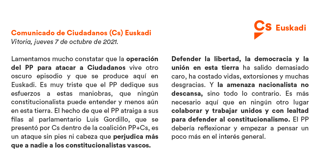 🟠 COMUNICADO OFICIAL DE Cs Esukadi 🟠 

Lamentamos mucho que la operación del PP para atacar a Cs viva otro oscuro episodio y que se produzca aquí en Euskadi.

Esta situación solo perjudica a los constitucionalistas vascos, que necesitan que trabajemos unidos y con lealtad 👇
