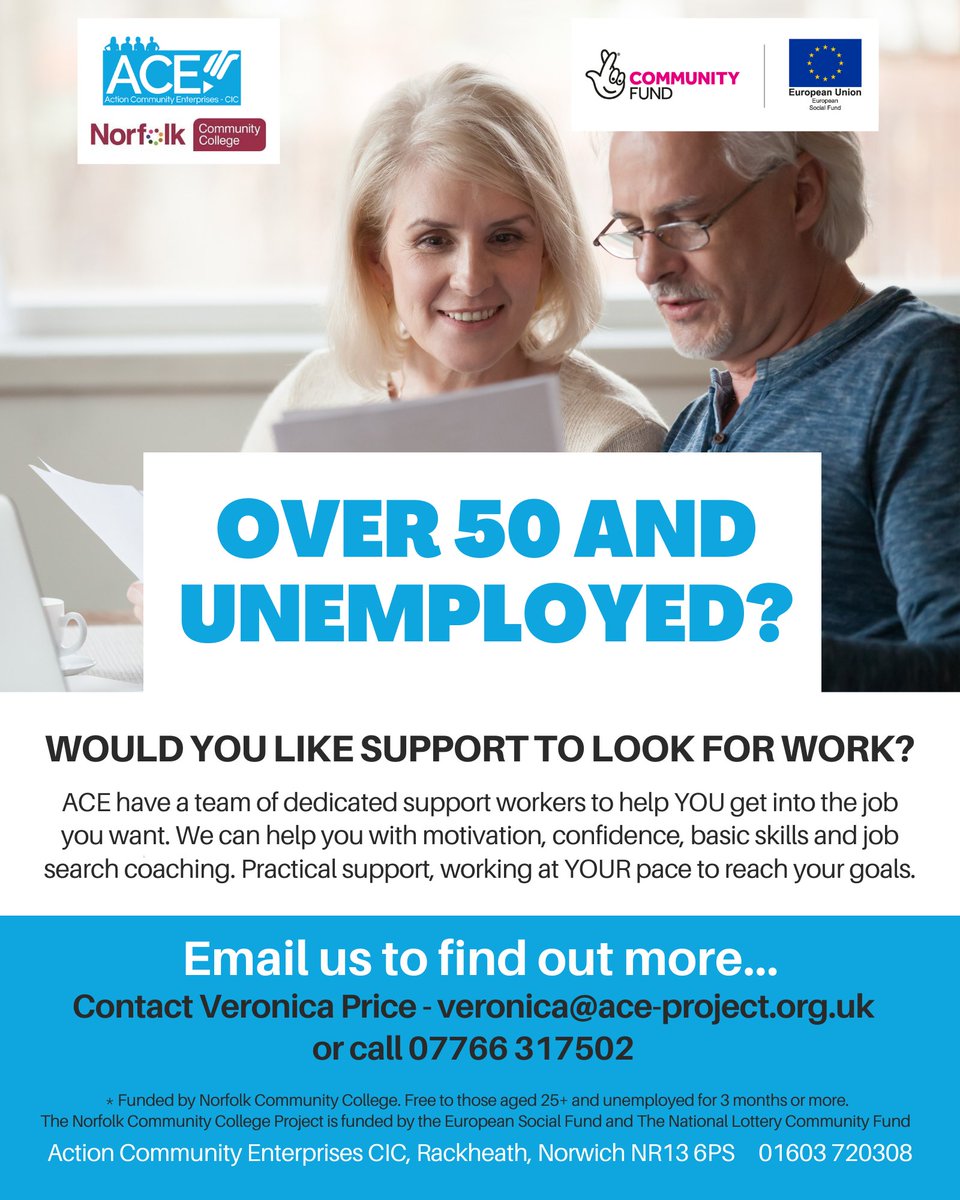 Aceproject1's tweet photo. Are you over 50 and unemployed?
Would you like support in looking for work?
Then ACE have just the thing for you - it's free* and we can help you get where you want to be. Contact us for more details or to sign up today

* Fully funded by #NorfolkCommunityCollege https://t.co/K6kMgiZqXb