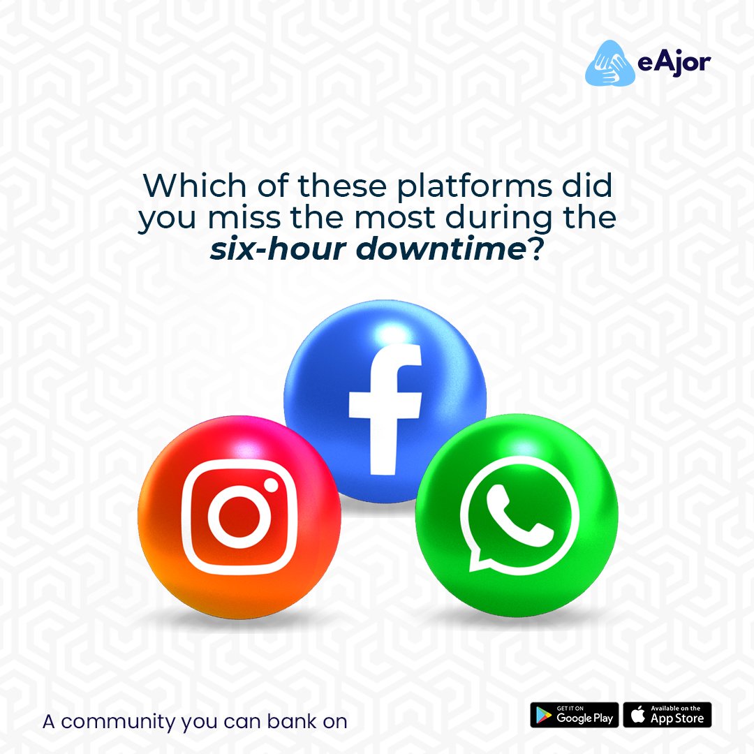 eajorng's tweet photo. How much were you affected by the downtime? Which did you miss the most - Facebook, Instagram or Twitter?
For the purposes of business, pleasure or both?
Put in the comment section what alternative apps you started using.
#eAjor #facebookdown #whatsapp #instagram #facebookout https://t.co/rpbg2stbon