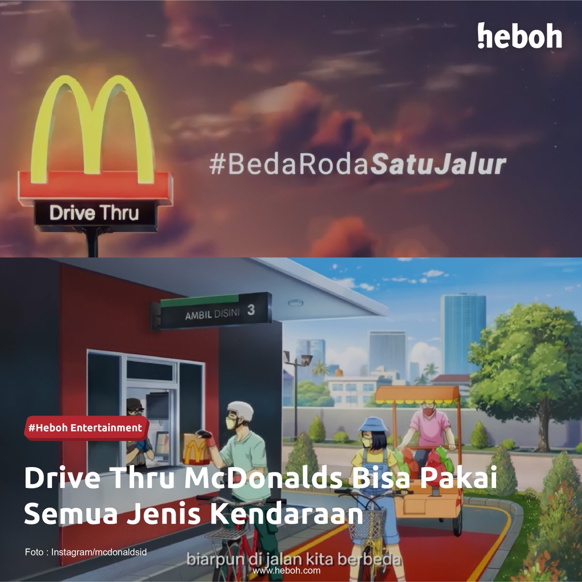 hebohdotcom_'s tweet photo. McDonald’s baru saja mengeluarkan kampanye terbarunya #BedaRodaSatuJalur. Kampanye ini memiliki arti meskipun kendaraan yang dikendarai berbeda-beda, para pelanggan tetap bisa memesan melalui jalur drive-thru.

Heboers mau drive-thru pakai kendaraan apa?

#hebohdotcom #McDonalds https://t.co/7kSeZHWYNc