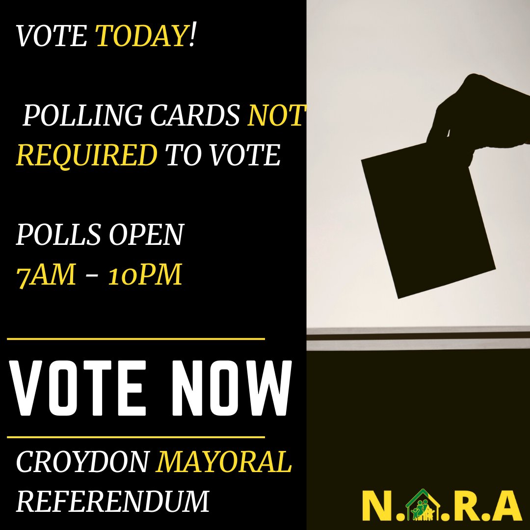 VOTE TODAY UNTIL 10PM POLLING CARDS NOT NEEDED TO VOTE FIND YOUR POLLING STATION: insidecroydon.com/2021/10/07/use… CROYDON MAYORAL REFERENDUM
