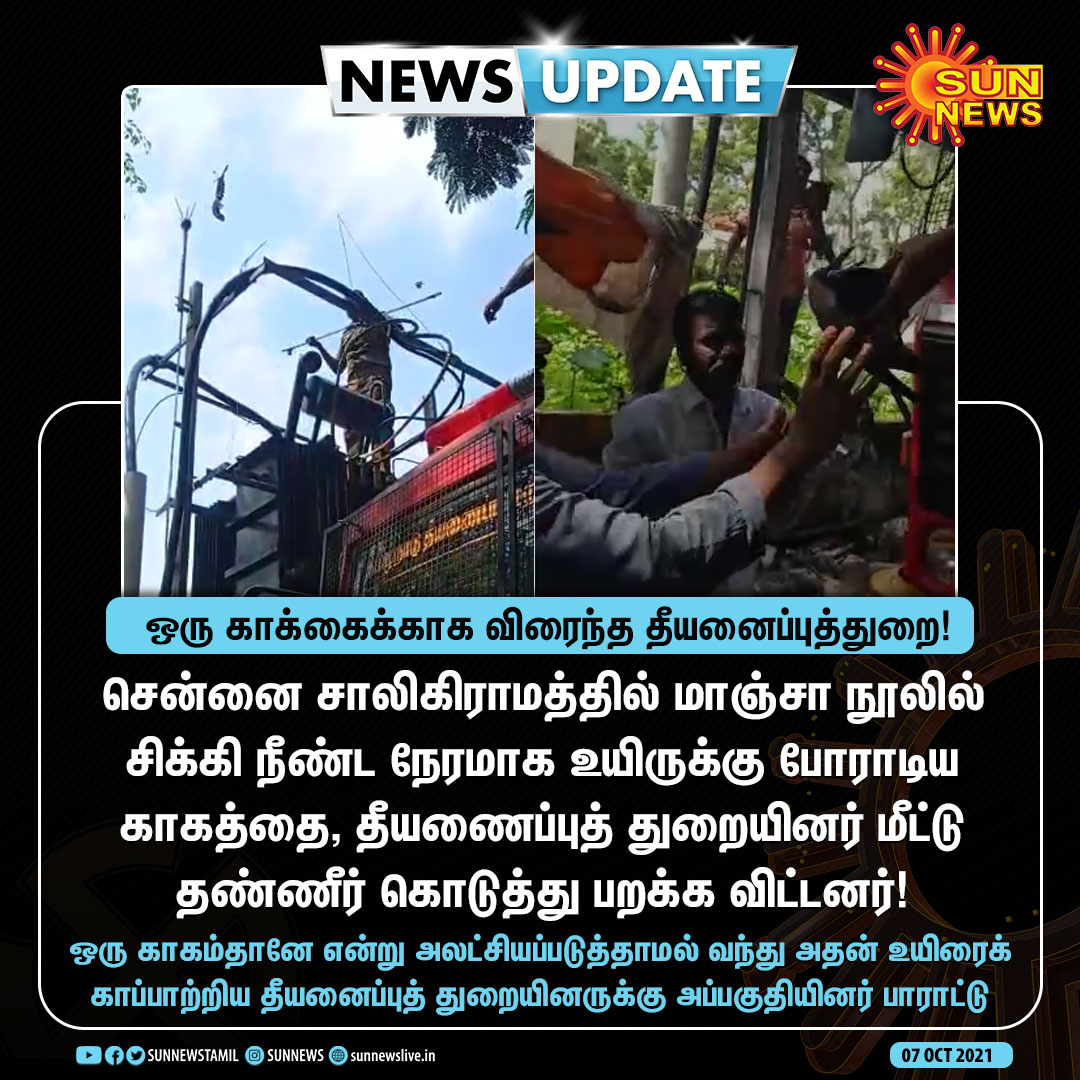 sunnewstamil's tweet photo. #NewsUpdate | ஒரு காக்கைக்காக விரைந்த தீயனைப்புத்துறையினர்

#SunNews | #Crow | #TNFireService | @tnpoliceoffl https://t.co/4iTWt6jjjZ