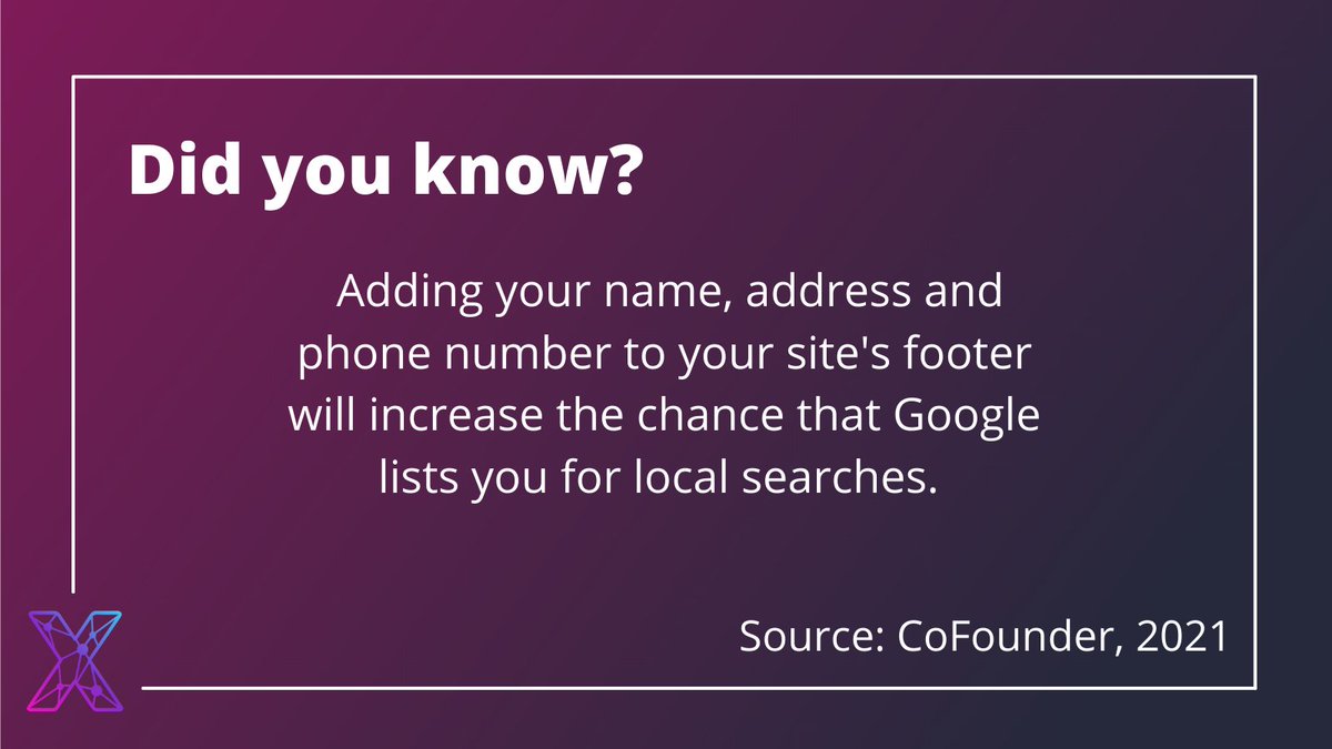 OptixAcademy's tweet photo. By putting your NAP in the footer, rather than just on your 'Contact Us' page, it will display across your whole site. This helps Google determine your most relevant page and the most suitable businesses to list.
#optixacademy #localseo #digitalmarketing #digitaltraining https://t.co/YrSNVIglAf